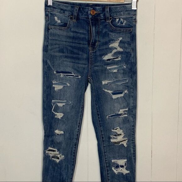 American Eagle AEO Curvy Hi Rise Jegging Jeans Destroyed Distressed Size 0 - Picture 5 of 10